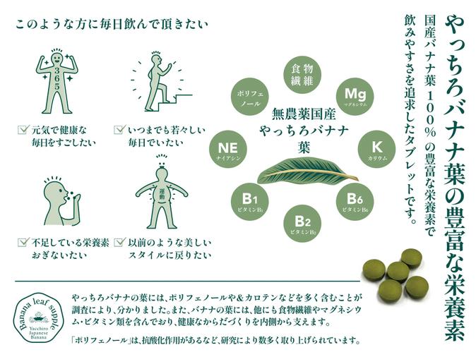バナナの葉の栄養素と秘められた価値を”ぎゅっと”凝縮！新しい健康食品タブレットサプリメント